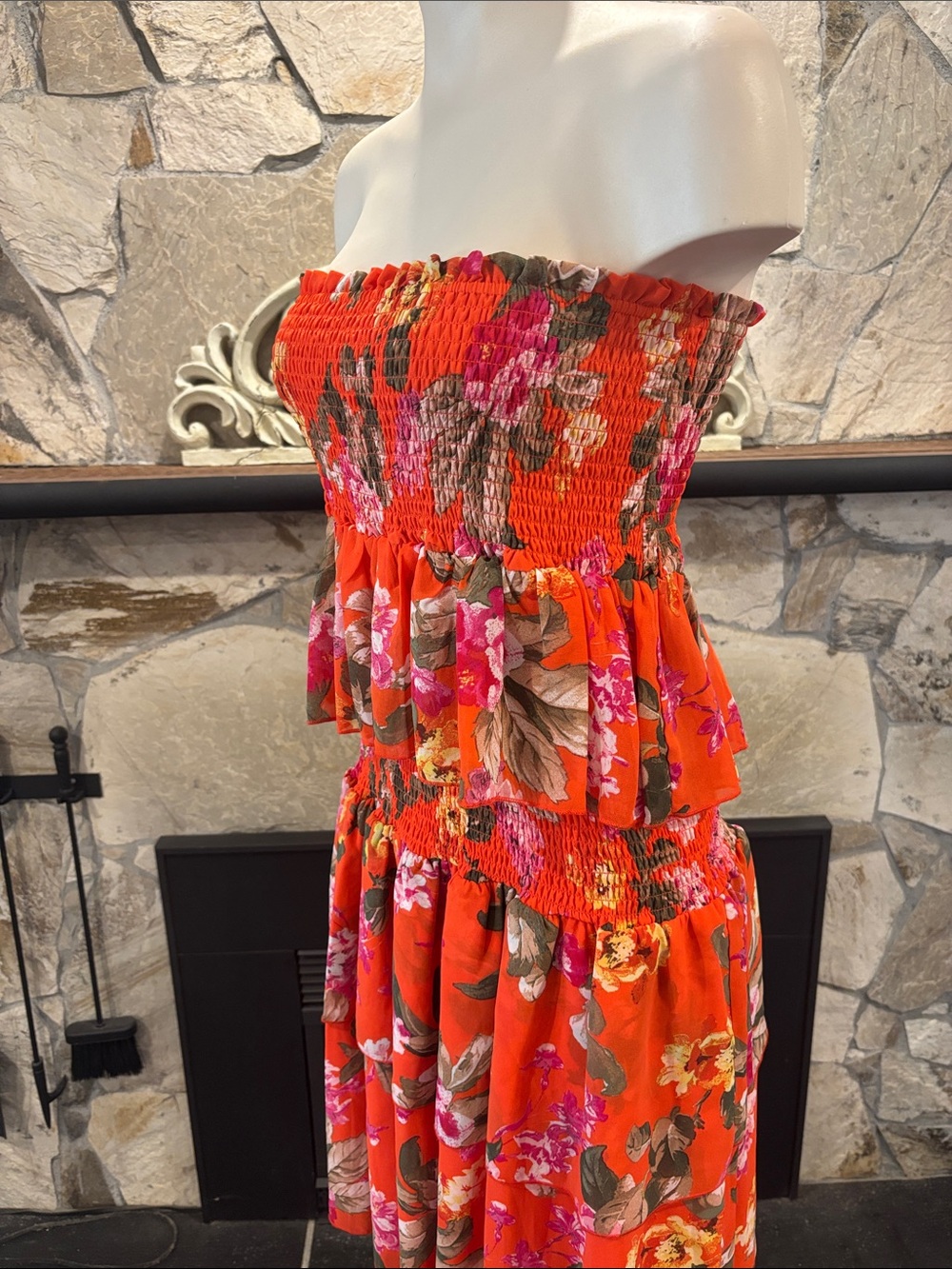 Strapless Orange Floral Ruffle Sun Dress